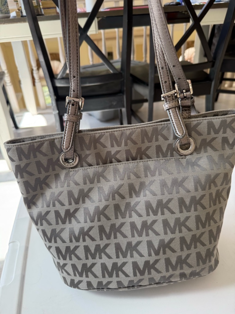 Michael Kors Taupe MK Logo Tote with Dark Taupe Straps